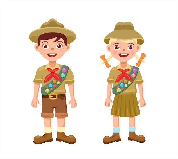 Boy and girl scouts in scout uniforms flat illustration