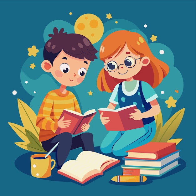 a boy and girl sit on a book and read a book