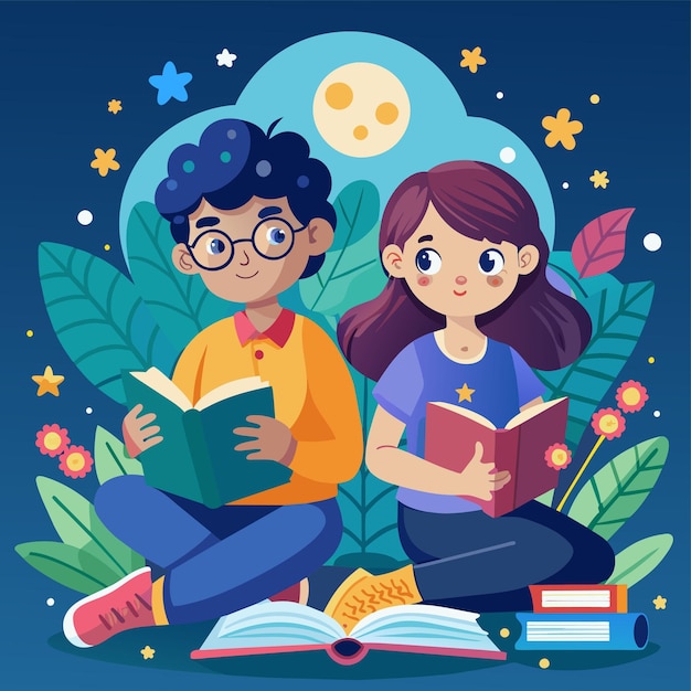a boy and girl sit on a green bush with books