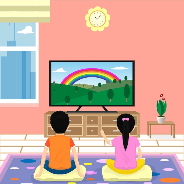 Vector boy and girl sitting on the cushion watching television