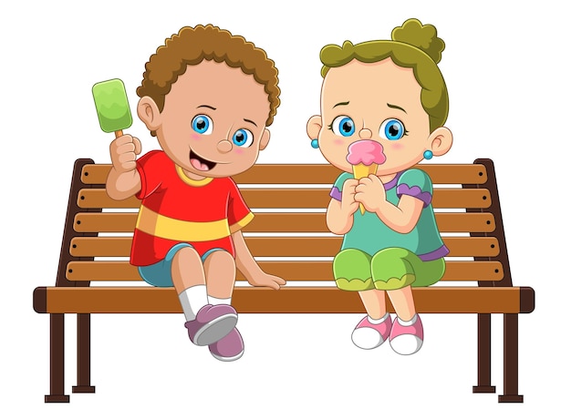 공원 의자에 앉아 아이스크림을 먹고 있는 소년과 소녀