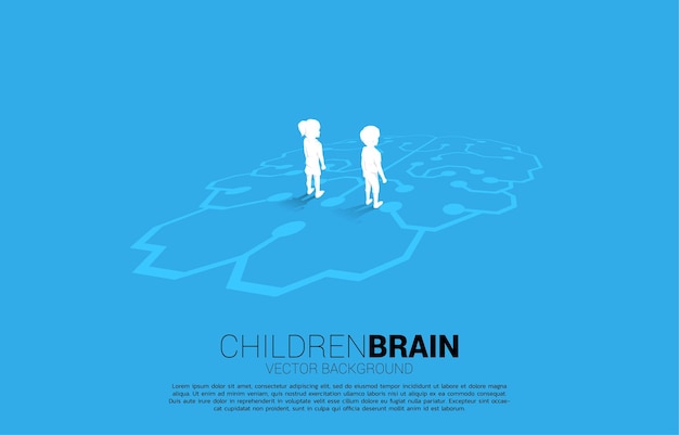 Boy and girl standing on brain icon graphic on floor. concept of education solution and future of children.