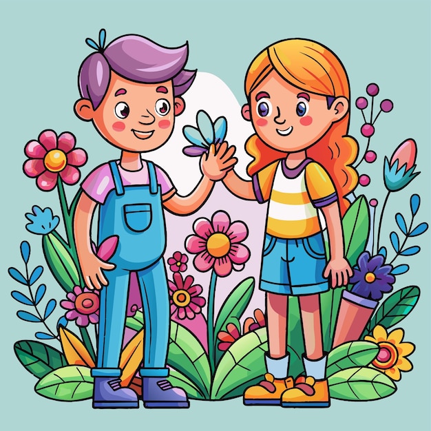 a boy and girl standing in a garden with flowers and a girl holding a flower