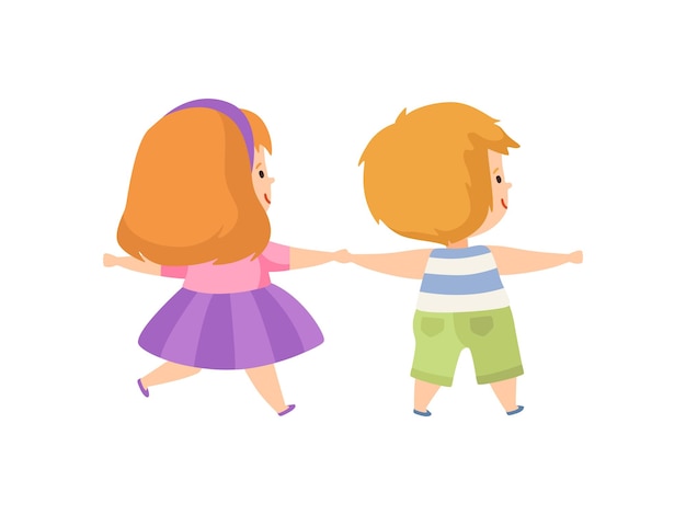 Boy and Girl Standing Holding Hands Cute Kids Back View Cartoon Vector Illustration on White Background