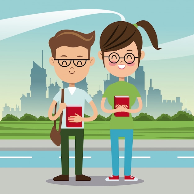 Boy and girl student nerd urban background 