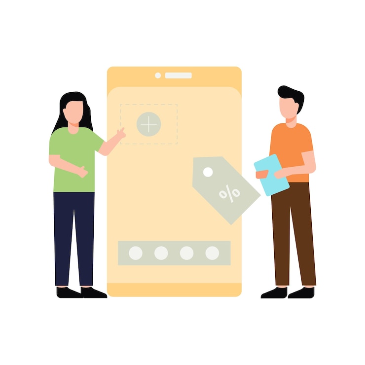 Vector boy and girl talking on advertisement post