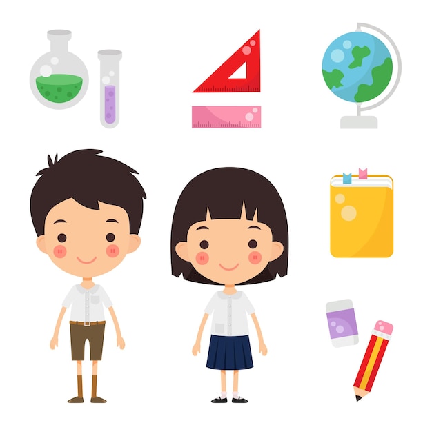 Boy and girl thai student elements set