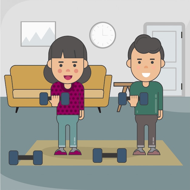 Boy and girl training at home with dumbbells