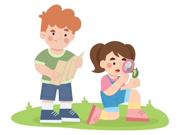 Иллюстрация мультфильма о мальчике и девочке, охотящихся за сокровищем