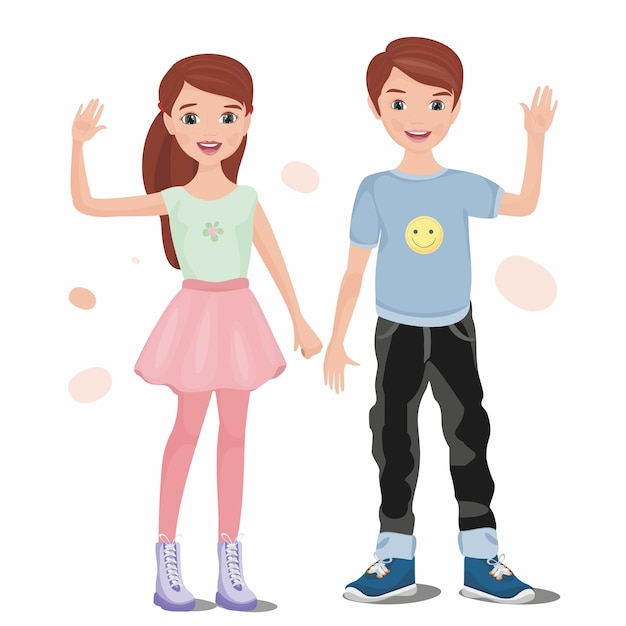 Boy and girl waving hands