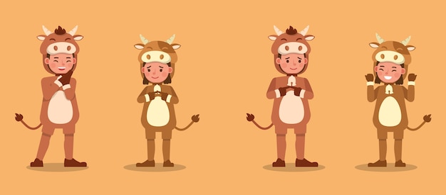 Boy and girl wearing cow costumes character. presentation in various action with emotions. no9