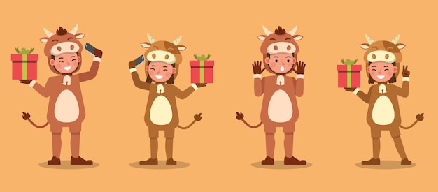 Boy and girl wearing cow costumes character. Presentation in various action with emotions.