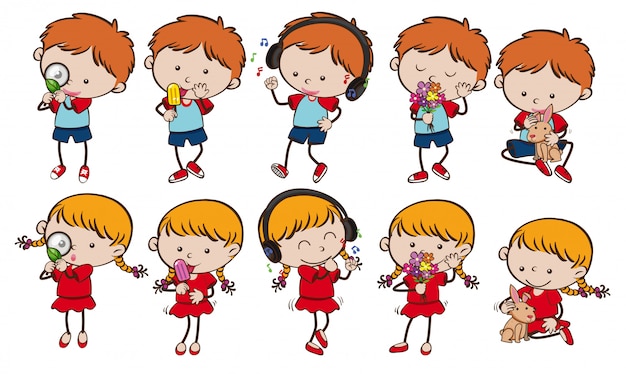 Vector boy and girl with different activities