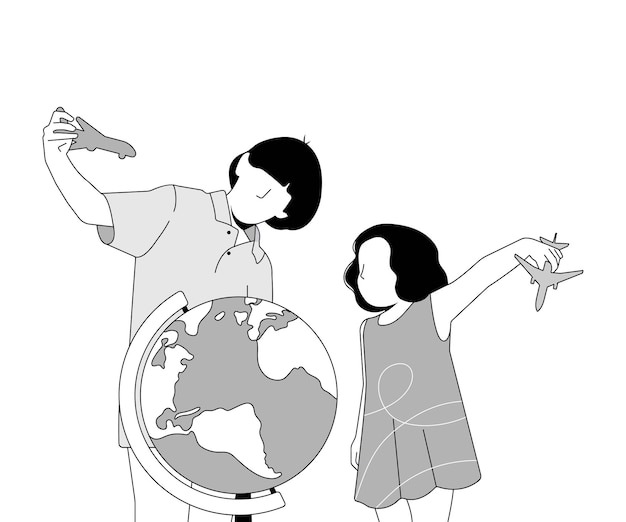 Boy and girl with the globe children with a globe