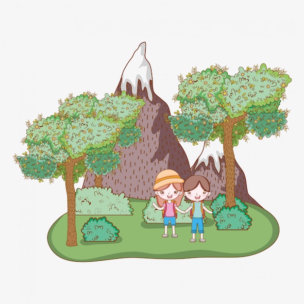 Boy and girl with ice mountains and trees