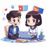 Vector boy and girl with laptop and flags of the world vector illustration