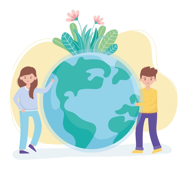 Vector boy and girl with world flowers foliage protect nature and ecology