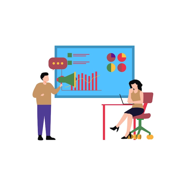 Vector boy and girl working on graph marketing