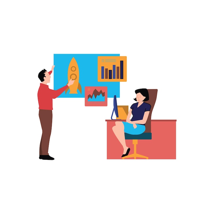 Vector boy and girl working on startup