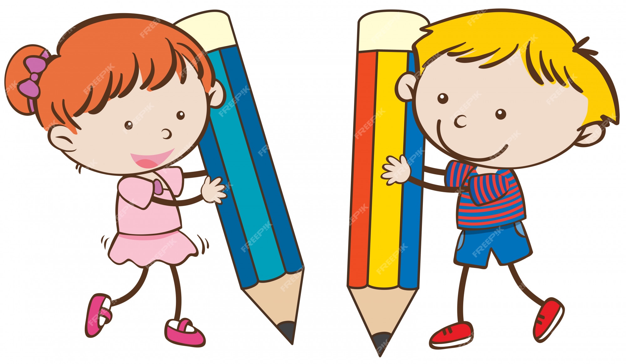 Premium Vector | Boy and girl writing with big pencils