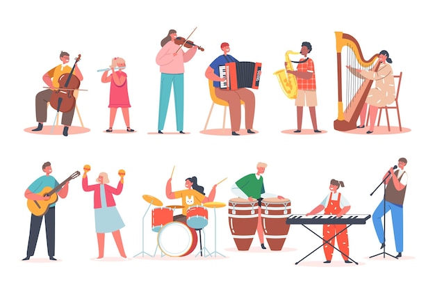 Boy and Girls Playing on Instruments Cello Flute Violin Accordion and Synthesizer Kid Sing with Microphone Play Guitar Maracas Drums Little Artists Perform Concert Cartoon Vector Illustration