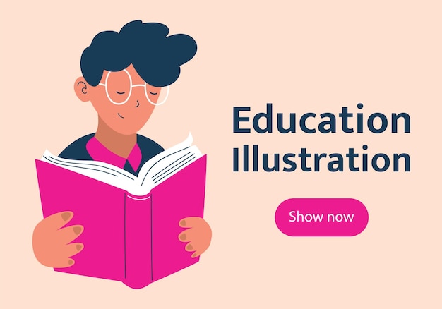 boy in glasses reading a book education banner concept in flat style