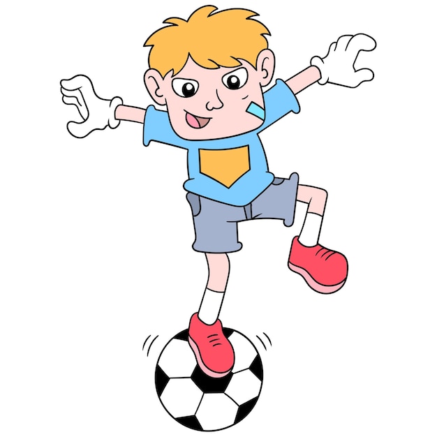 Un portiere ragazzo per praticare l'equilibrio in piedi su un pallone da calcio, illustrazione arte vettoriale. scarabocchiare icona immagine kawaii.