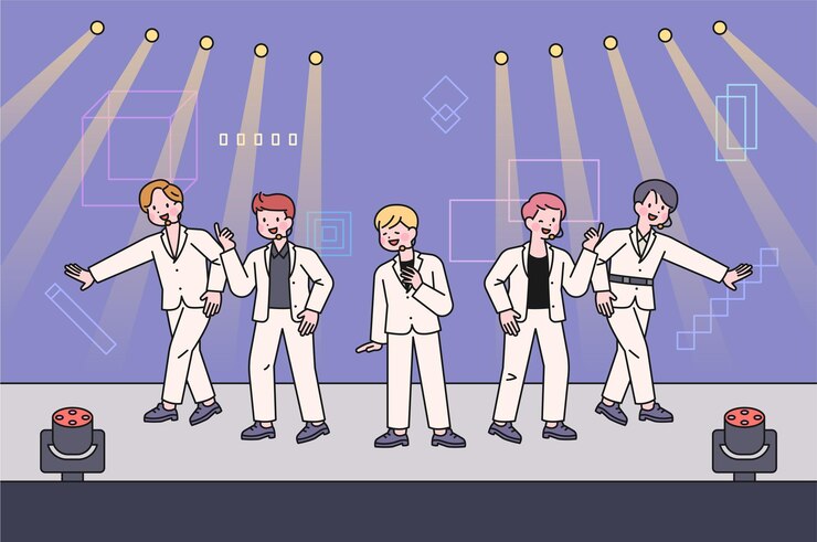 Vector 보이그룹 아이돌이 화려한 무대에서 공연을 하고 있다 무대에서 춤추고 노래하고 있다