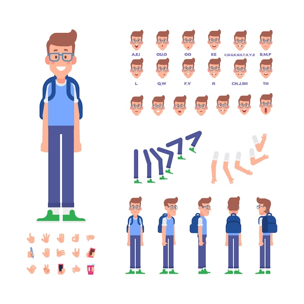 Vector boy guy for animation with various emotions and gestures front side back view vector