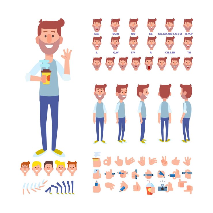 Vector boy guy for animation with various hairstyles emotions and gestures front side back view vector