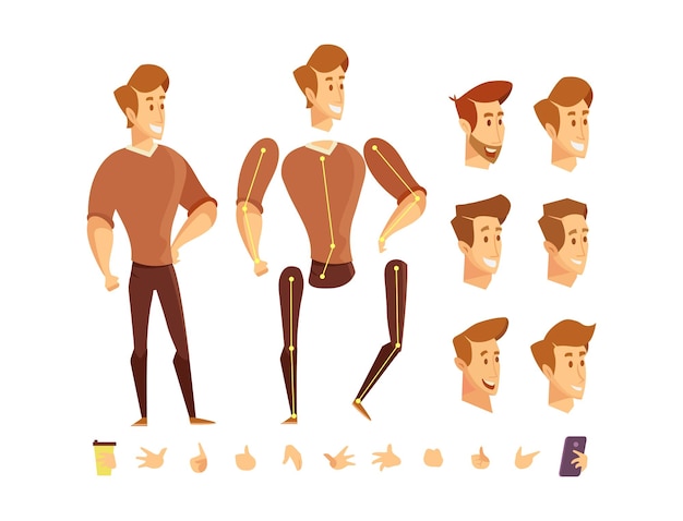 Vector boy guy for animation with various hairstyles and gestures