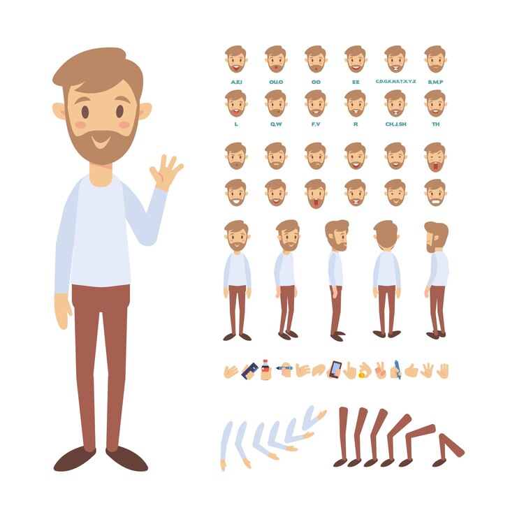 Vector boy guy for animation with various hairstyles lip sync and gestures front side back view vector