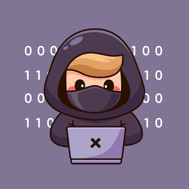 Vector boy hacker operating laptop mascot technology logo