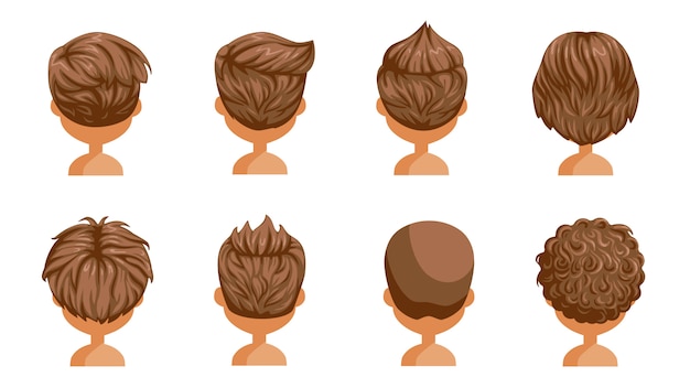 Boy hair rear view set. head of a little boy. cute  hairstyle.variety  child  modern fashion for assortment. long , short , curly hair. salon hairstyles and trendy haircut of male.