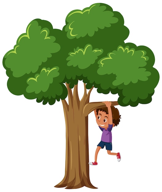 Vector a boy hanging on a tree in cartoon style