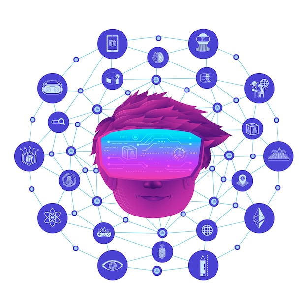 A Boy head use VR virtual reality goggle and metaverse icons with line polygon background