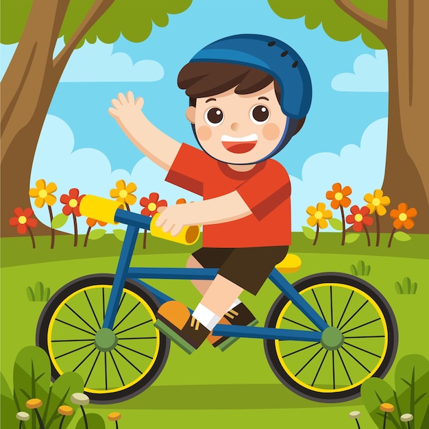 Un ragazzo in un casco divertendosi nel parco di primavera con la sua bicicletta blu in una bella giornata.