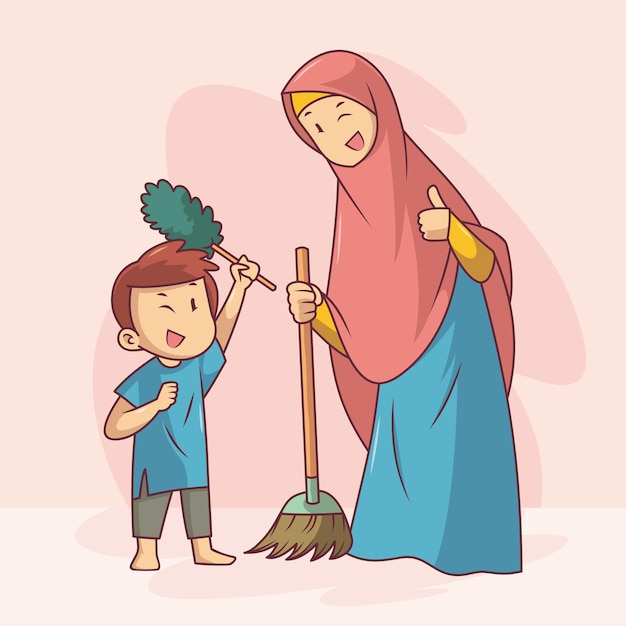 Boy helps mother clean the house