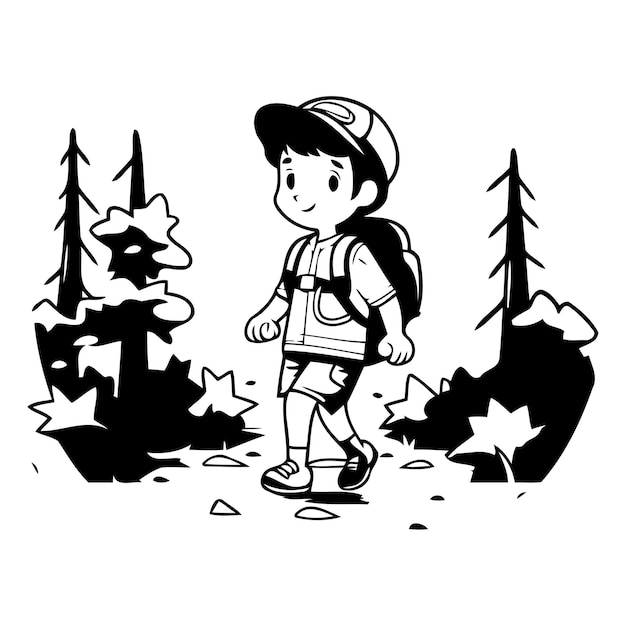 Boy hiking in forest Vector illustration of a boy with backpack and trekking poles