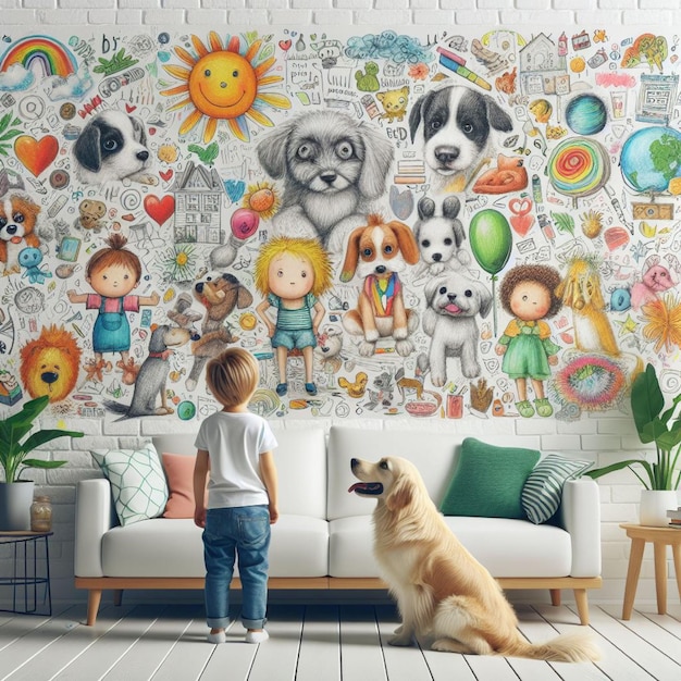 Boy and his dog looking at a wall