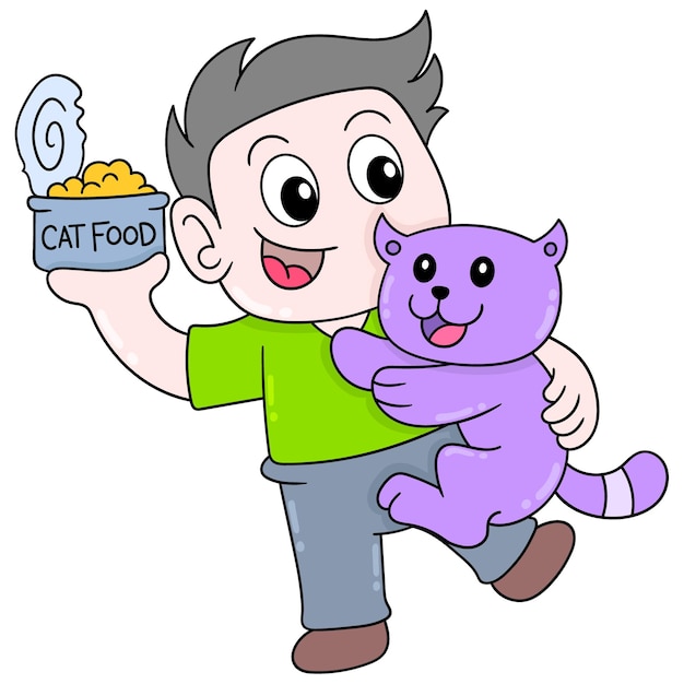 Boy and his pet cat are fighting over canned food, vector illustration art. doodle icon image kawaii.