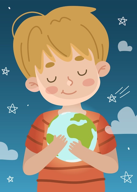 Boy hold shining little planet earth in his hand.