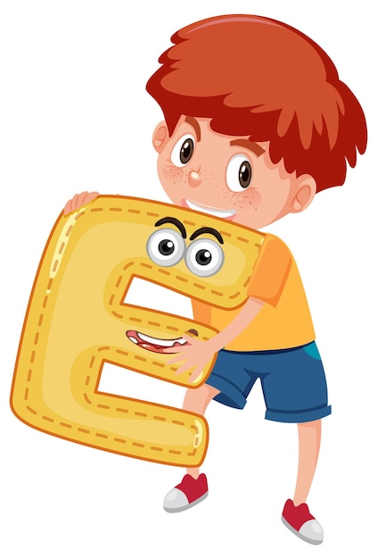 A boy holding alphabet letter on white background