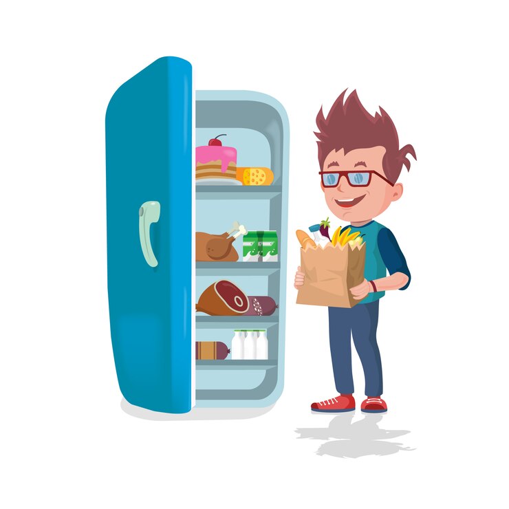 Boy holding bags full of food in front of a refrigerator  