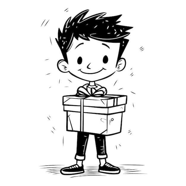 Vector boy holding a big gift box in doodle style