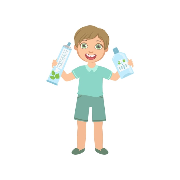 Boy holding big toothpaste tube and mouthwash bottle