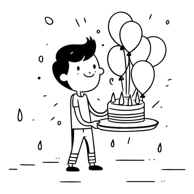 Vettore ragazzo con una torta di compleanno con palloncini in stile cartone animato
