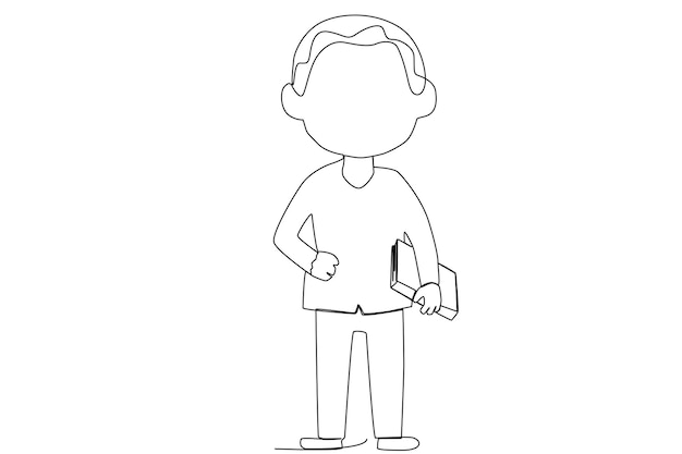 A boy holding a book while standing one line art