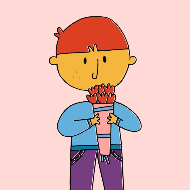 Vector boy holding a bouquet of flowers