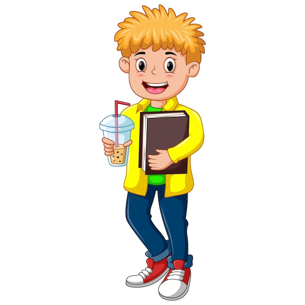 Vector boy holding bubble milk tea and carrying book